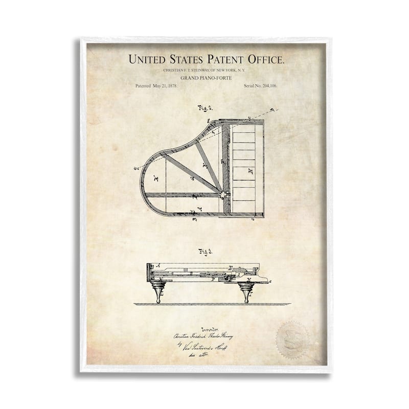 Stupell Grand Piano Detailed Vintage Diagram Blueprint Instrument Framed Wall Art - Beige