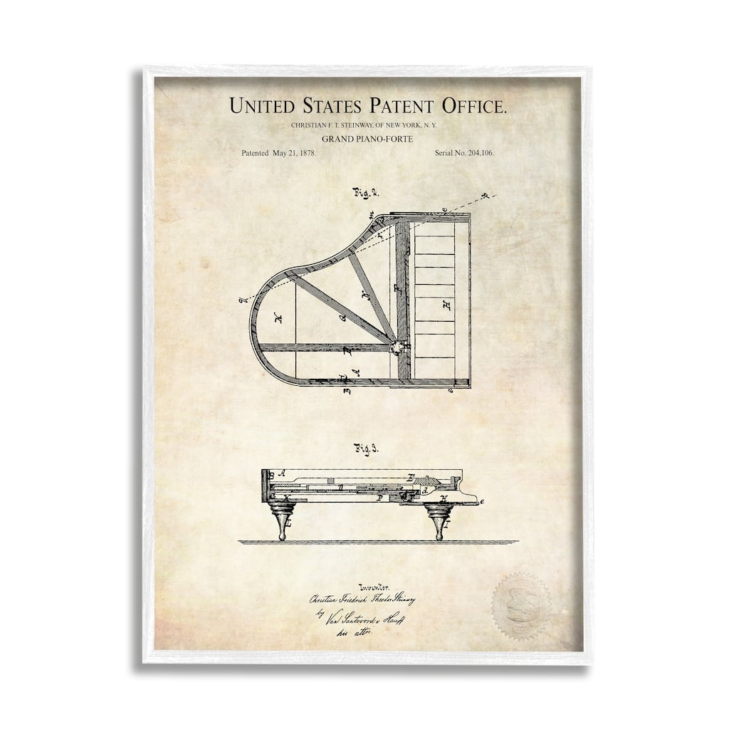 Stupell Grand Piano Detailed Vintage Diagram Blueprint Instrument Framed Wall Art - Beige