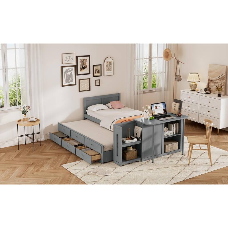 Twin Size Multifunctional Wood Platform Bed with Desk and Storage Shelf at the End of the Bed, Built-in Trundle and 3 Drawers