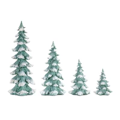 Flocked Seafoam Pine Tree with Carved Design (Set of 4) - N/A