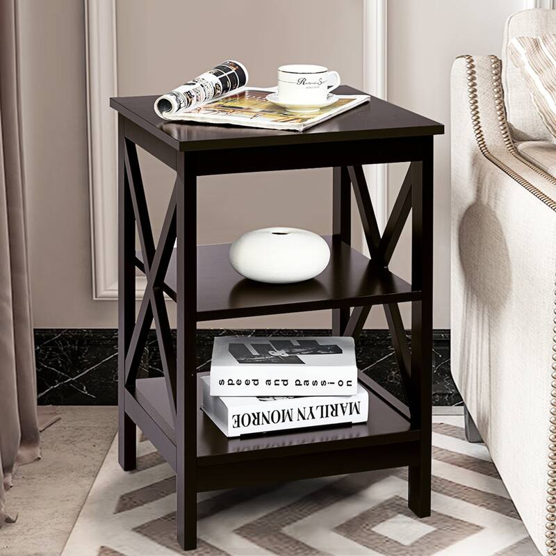 Gymax 2 PCS 3-Tier Nightstand End Table X Design Storage Display Shelf