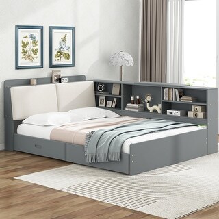 Gray L-Shaped Platform Bed with Storage Headboard with Left Shelf and 2 Drawer