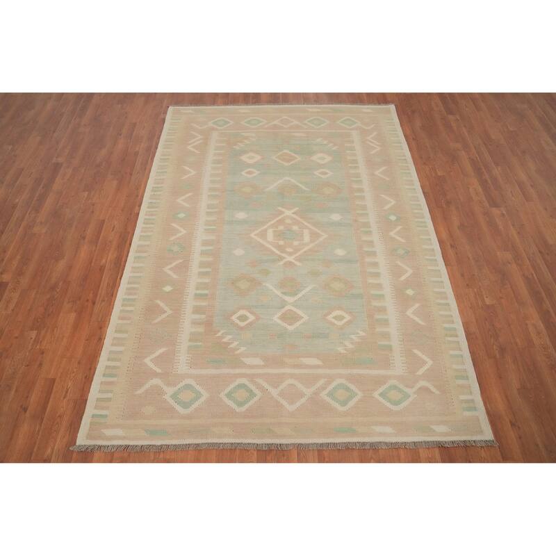 Hand Woven Oriental 100% Wool Carpet Southwestern Tribal Green Kilim Area Rug - 8' 2'' X 5' 8''