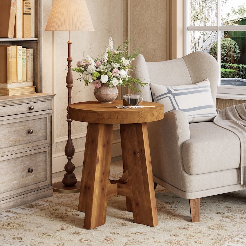 Farmhouse Solid Wood Round End Table Small Side Table for Couch