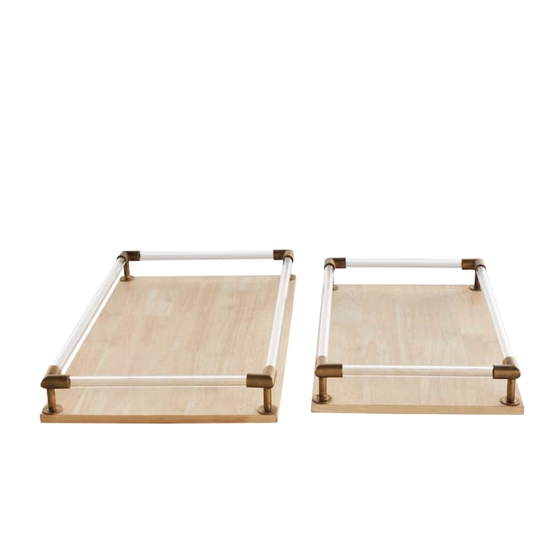 Mango Wood Tray with Copper Metal Edges and Acrylic Sides - Set of 2 Light Brown - Roche River Decor - 12"W x 19"L x 3"H