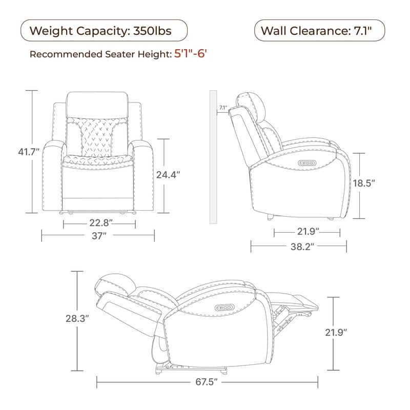 Spruce & Spring Leather Dual-Motor Power Lay Flat Recliner with Power Headrest