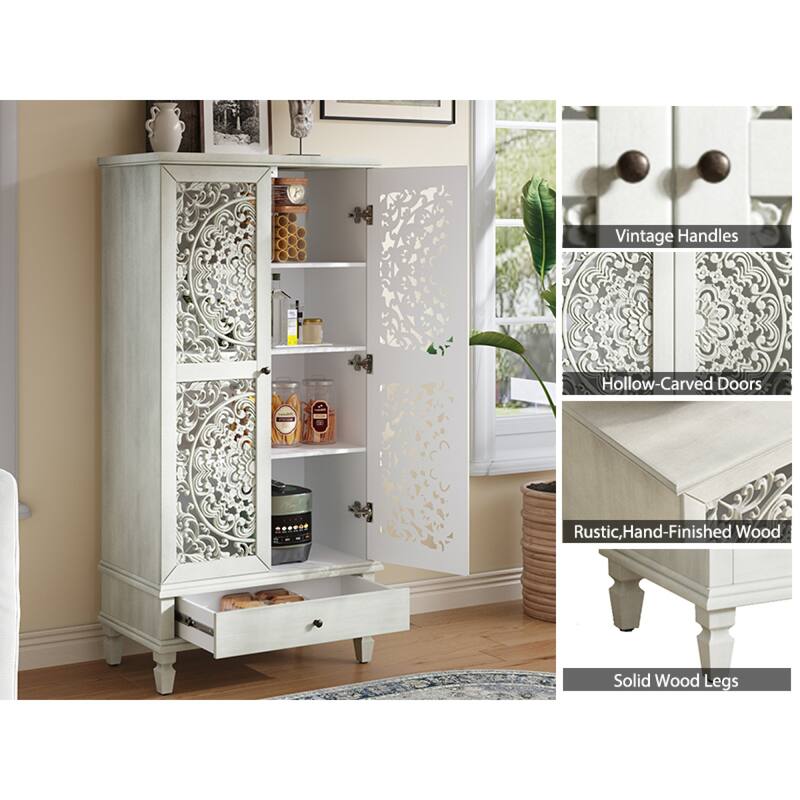 Roomfitters 55'' Tall Storage Cabinet, Carved Wood Accent Sideboard with Solid Wood Legs for Dining Room