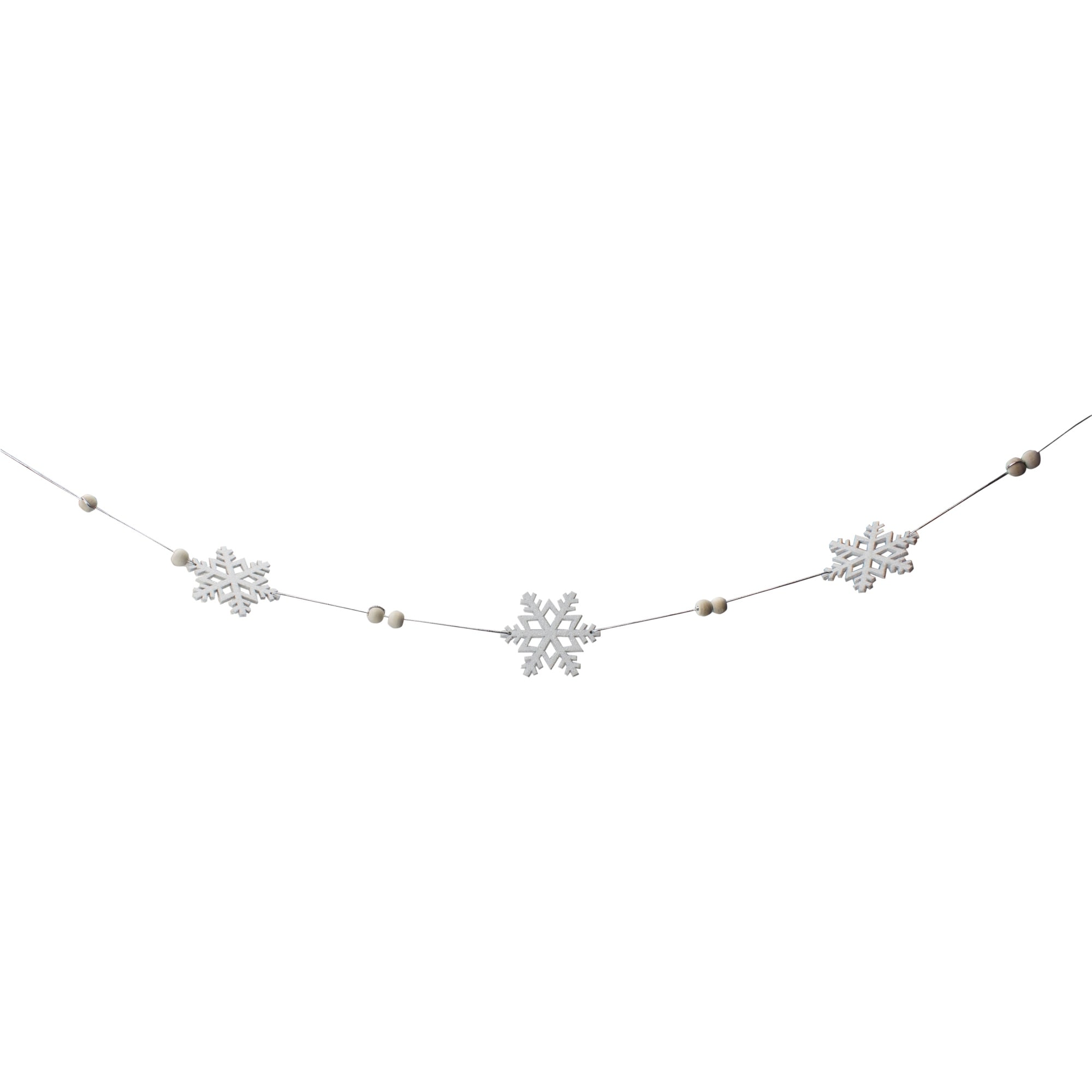 White Glitter Dusted Snowflake Christmas Garland with Wooden Beads - 5.25'