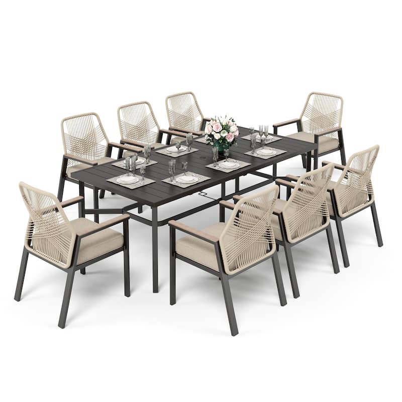 MAISON ARTS 9 Pieces Outdoor Patio Dining Set with Dining Table and Cushioned Woven Rattan Dining Chairs