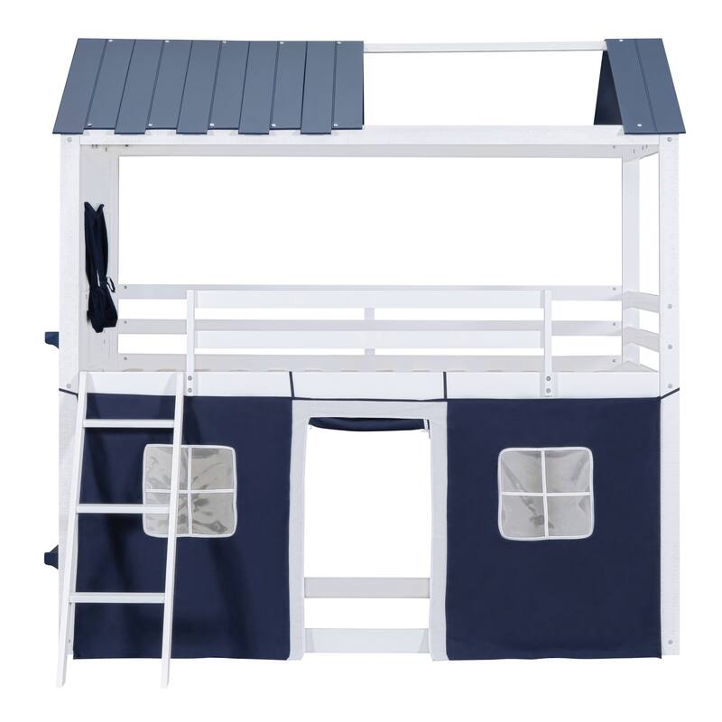 Twin Size Wood Castle House Bunk Bed with Windows, Sills, Tent, and Slide, Playhouse Design