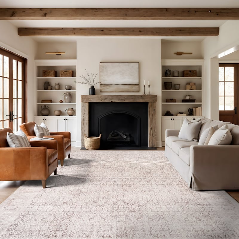 Beige Vintage Washable Rug - Low Pile, Subtle Pattern for Neutral Spaces - Beige - 10' x 14'
