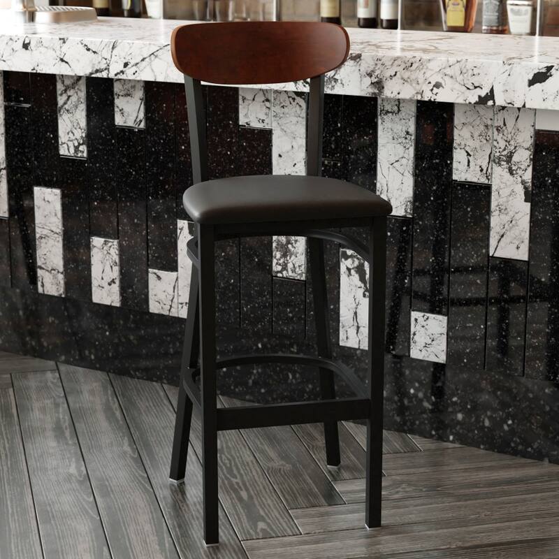 Commercial Metal Barstool with Wood Seat and Boomerang Back