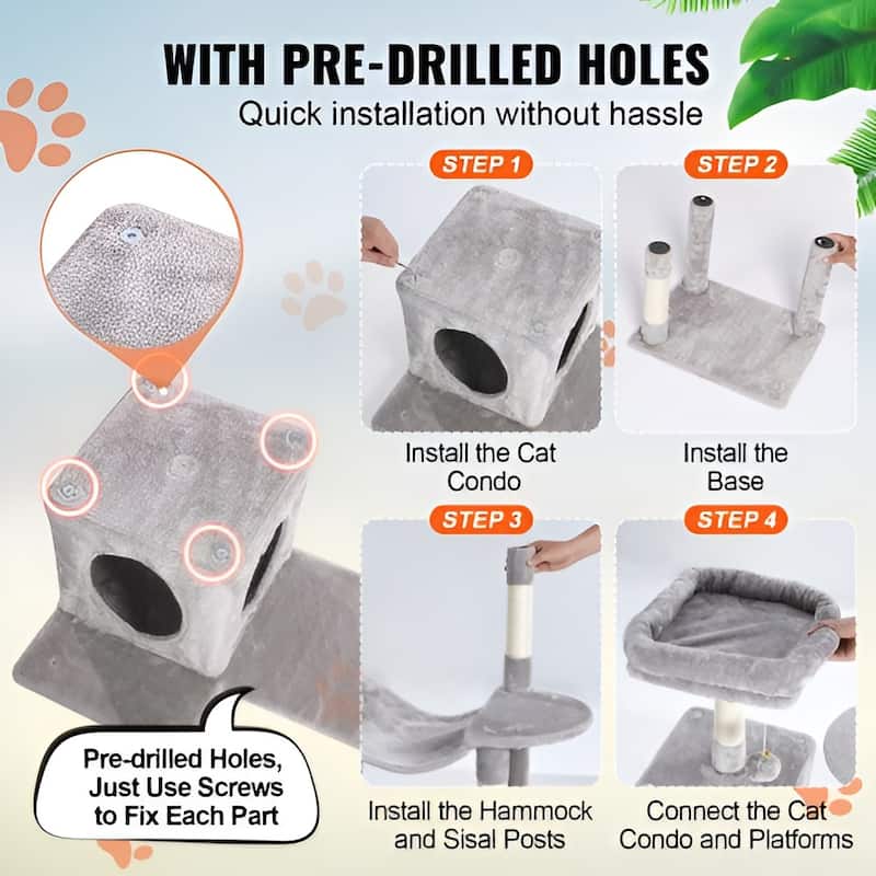 Light Grey Plush 6-Layer Cat Tree with Condo, Hammock & Toys