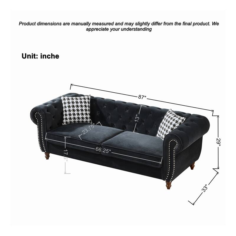 87"Chesterfield ‌velvet upholstery fabric Sofa with Roll Armrest & Nailhead,Upholstered Modern Couch,3 Seater Couch