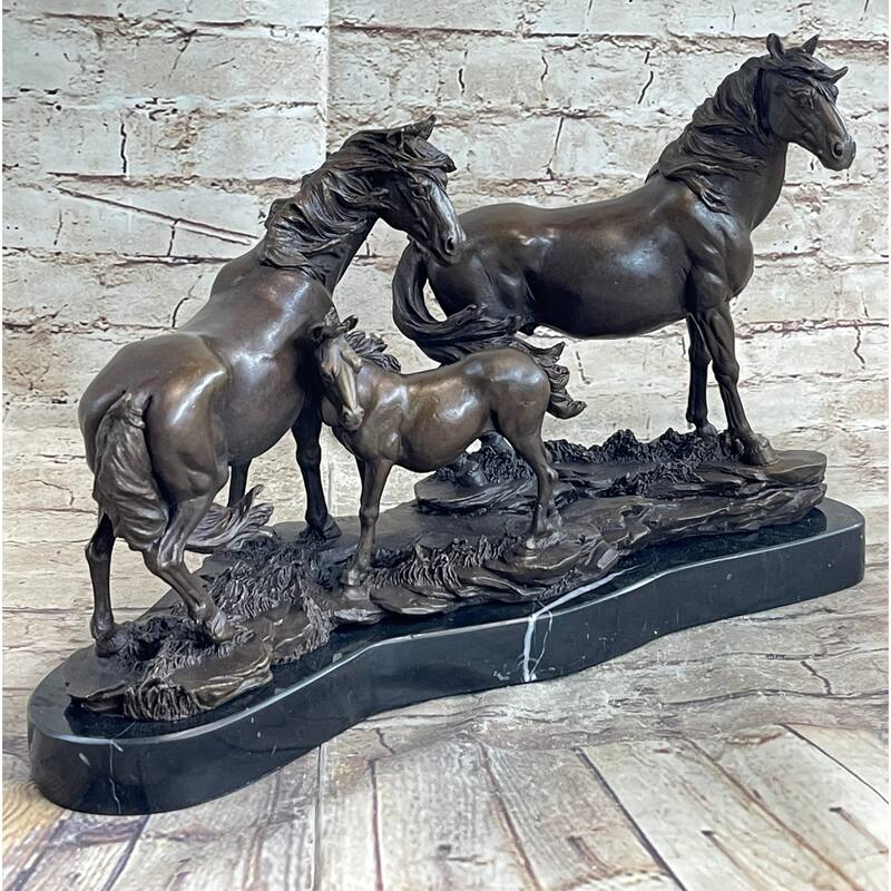 Signed Mene Horse Family Bronze Sculpture Art Deco Marble Base Figurine Figure