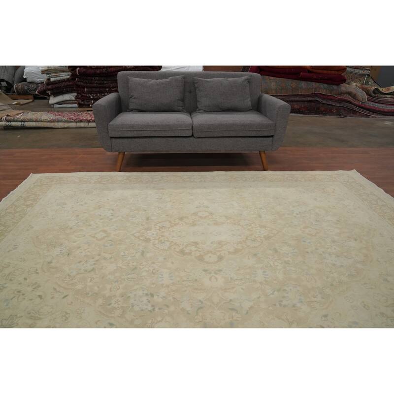 Hand Knotted Oriental 100% Wool Carpet Traditional Floral Beige & Ivories Kerman Area Rug - 9' 7'' X 6' 7''