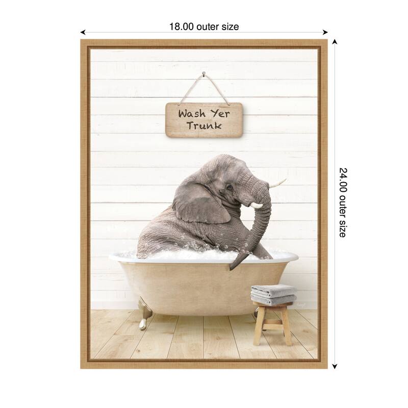 Kate and Laurel Sylvie Young Elephant in Modern Bathtub Wash Your Trunk Framed Canvas by Amy Peterson