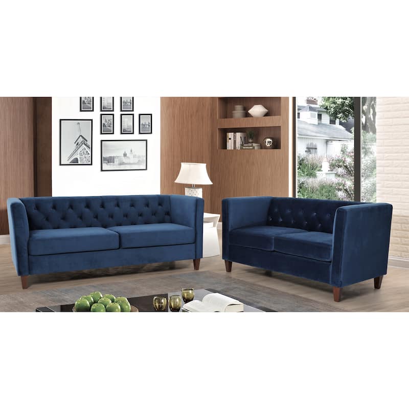 Lisette Velvet 2PCs Living Room Set Sofa & Loveseat - Dark Blue