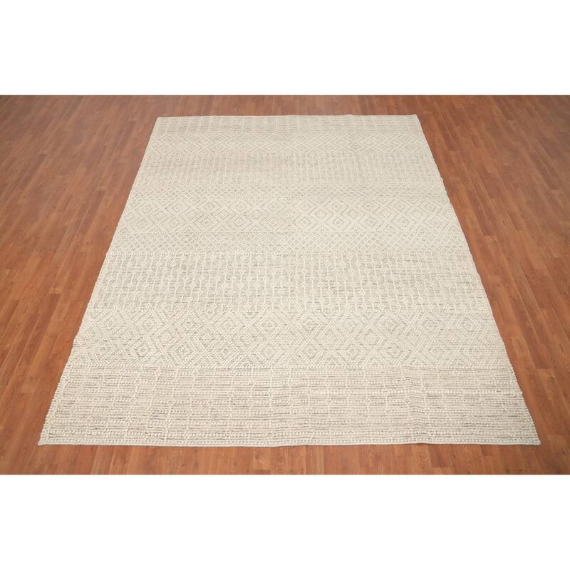 Hand Knotted Oriental 100% Wool Carpet Modern Geometric Beige & Ivories Modern Gotti Design Area Rug - 9' 8'' X 7' 11''