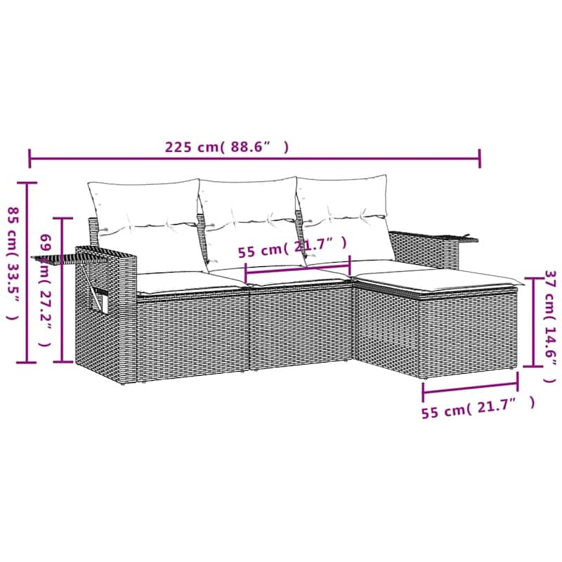 vidaXL 4 Piece Patio Sofa Set with Cushions Grey Poly Rattan - 21.7 x 24.4 x 27.2