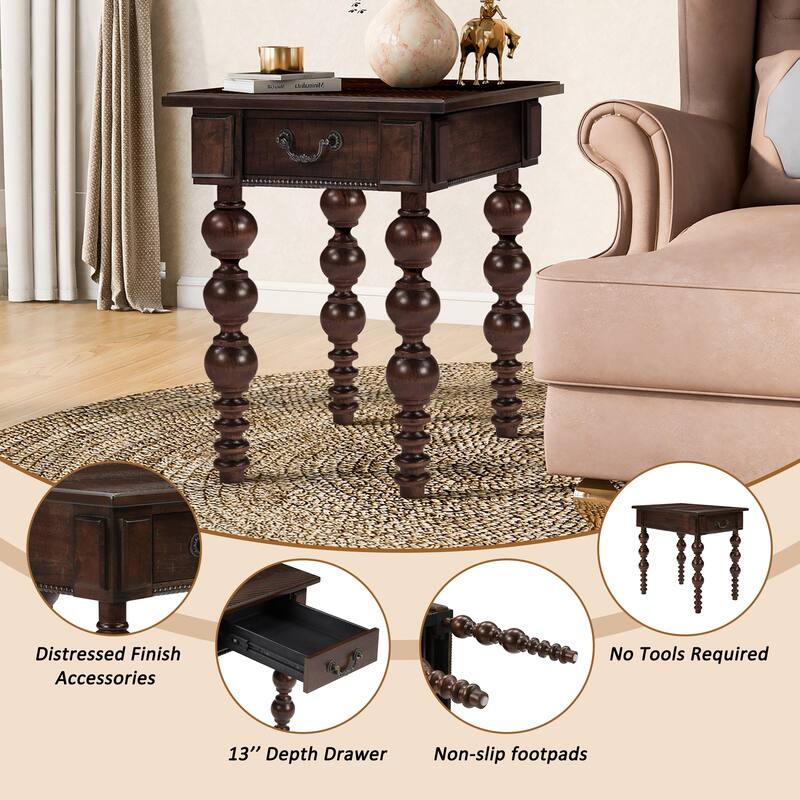 Narrow Sofa Side Table Accent Table Solid Wood End Table with Drawer