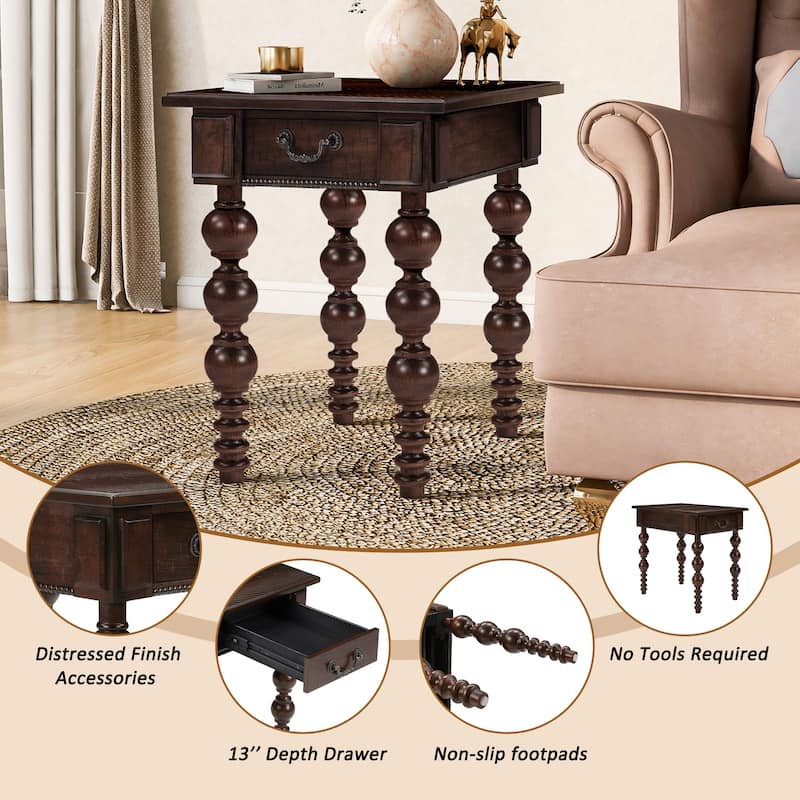 Solid Wood End Table with Drawer, Easy Assembly Vintage Narrow Sofa Side Table for Living Room