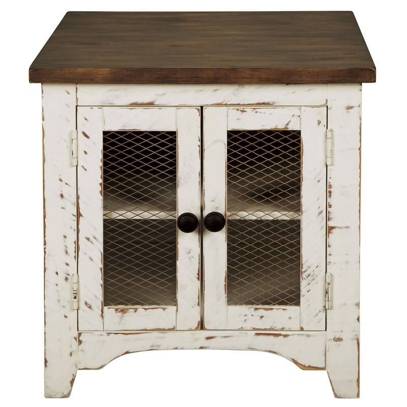 Two Tone Wooden End Table with Metal Grill Cabinet, Brown and White