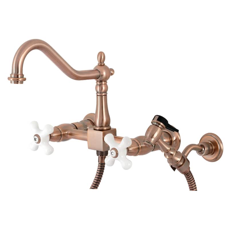 Kingston Brass Heritage 1.8 GPM Wall Mounted Widespread Bridge Kitchen - Antique Copper