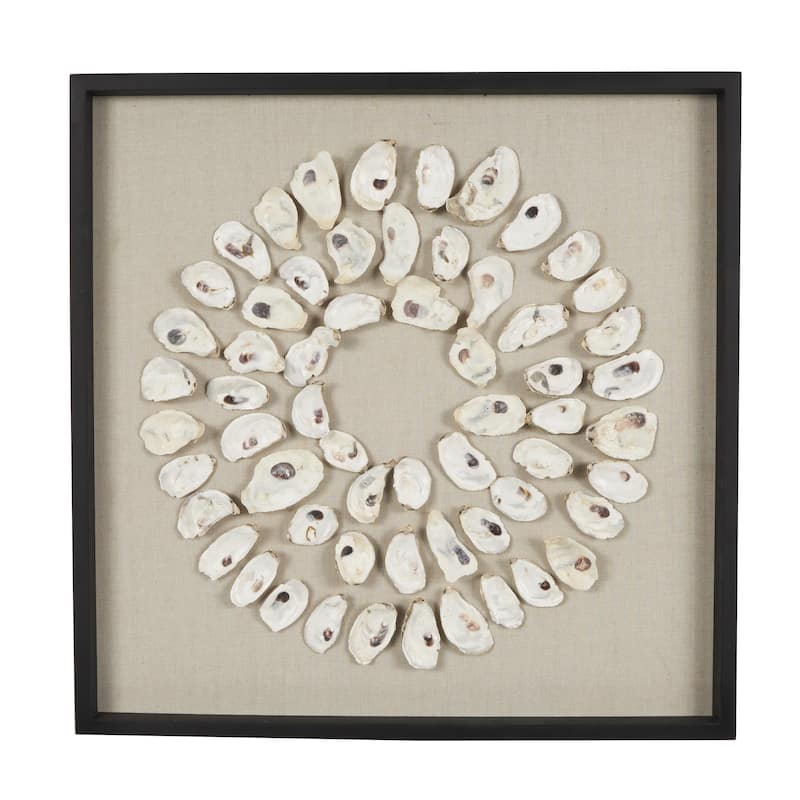 Shell Handmade Abstract Circular Wall Decor with Beige Linen Backing and Black Frame - Cream - Roche River Decor - Cream - 28"W, 28"H