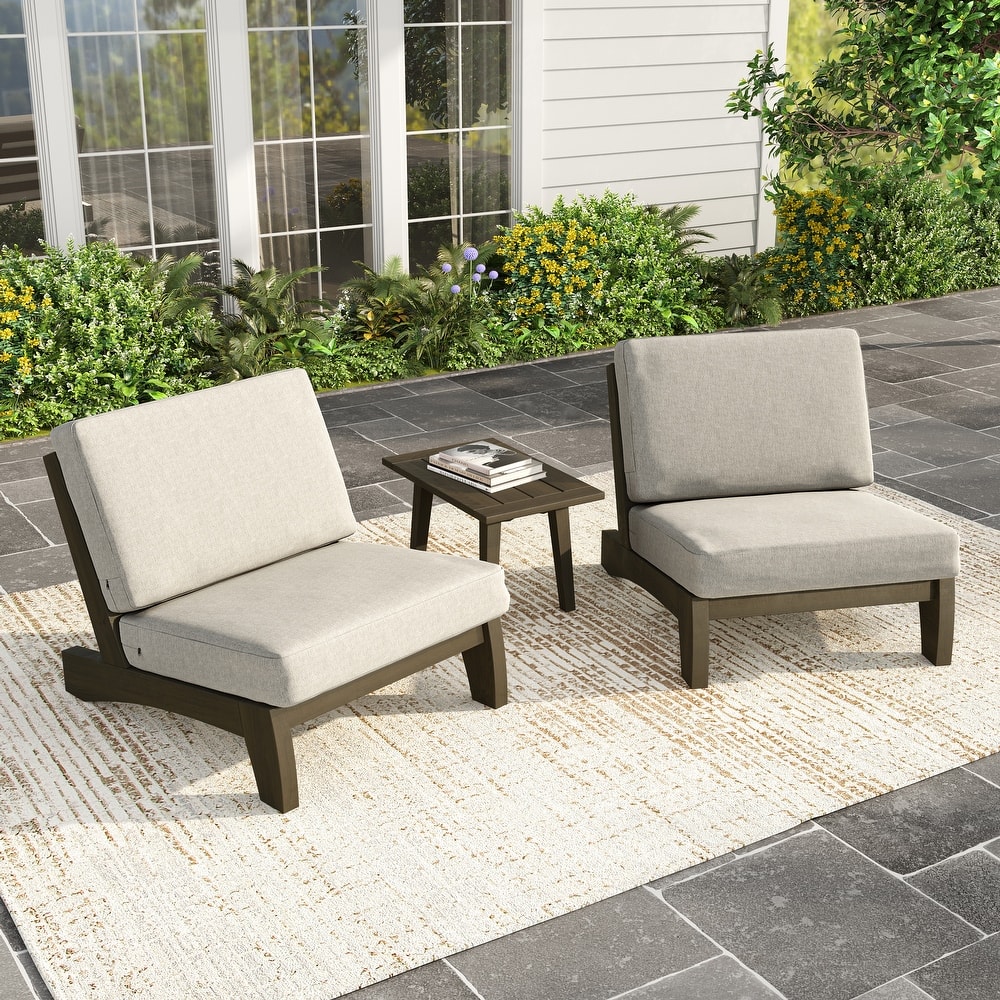 3 Piece Teak Wood Outdoor Conversation Chair Set with Table, Cushion