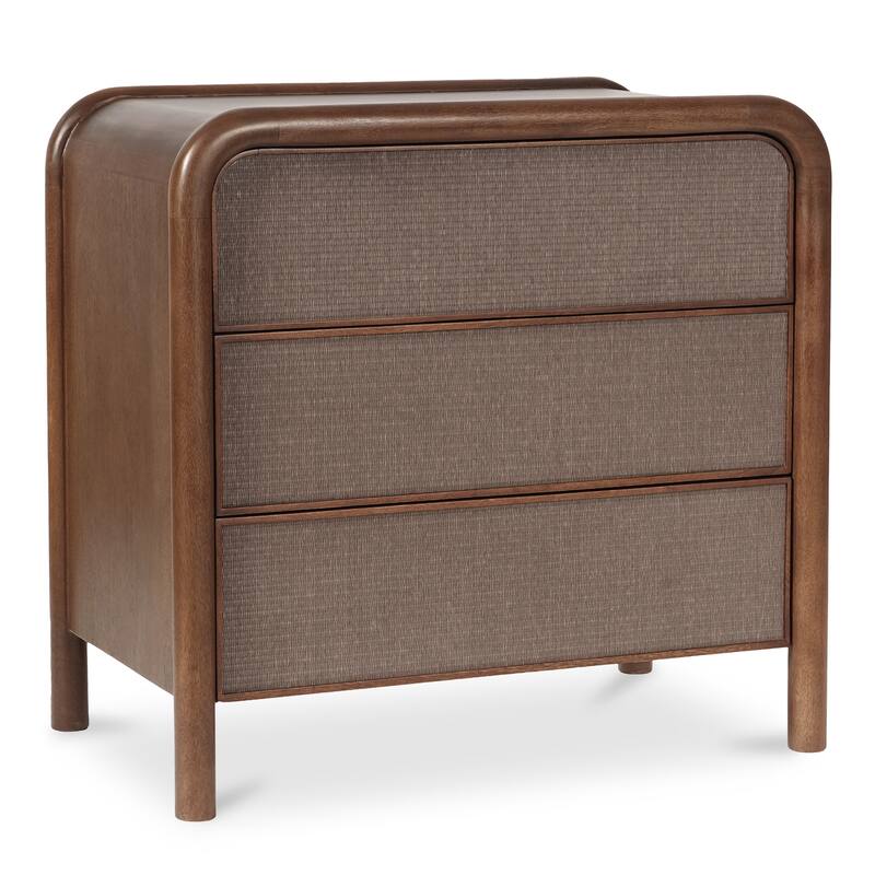 Warm Brown 3-Drawer Nightstand with Tonal Woven Soft Rush Front, Solid Mango Wood and Textured Detailing