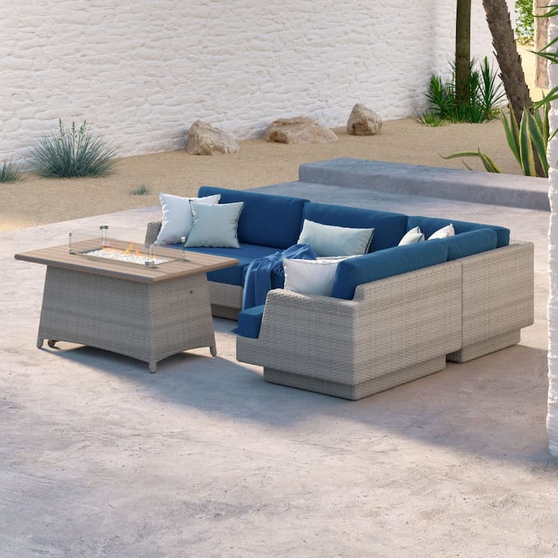 Portofino Comfort 5 Piece Sunbrella Outdoor Patio Sectional Fire Seating Set