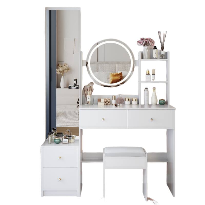Vanity Set w/ 3-Color Light, Full Body Mirror Cabinet, Cushioned Stool