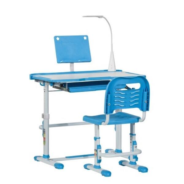 slide 2 of 14, Kids Desk and Chair Set with Adjustable Tabletop, LED Light, Cup Holder, Drawer, and Pen Box, Ideal for Homework, Ages 6-12 Blue
