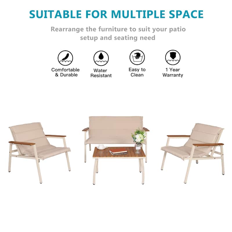 Outdoor Patio Furniture Set 4 Pieces Patio Conversation Sets with Padded Suspended Cushion for Lawn Backyard Balcony, Beige