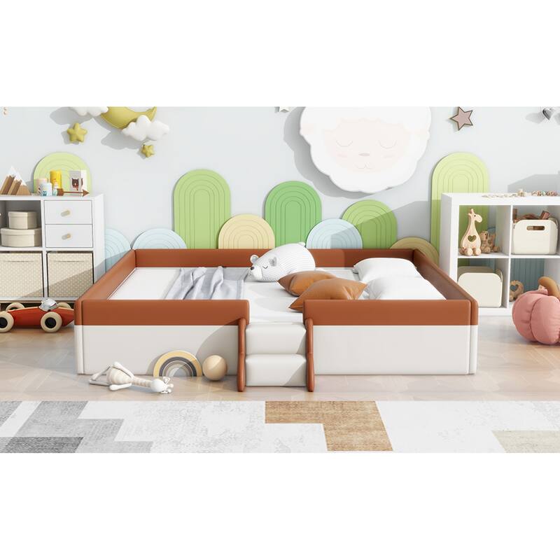 Roomfitters Twin/Full/Queen/King Size Upholstered Daybed Frame with Safety Fence and Stairs, PU Fabric Platform Bed with Slats