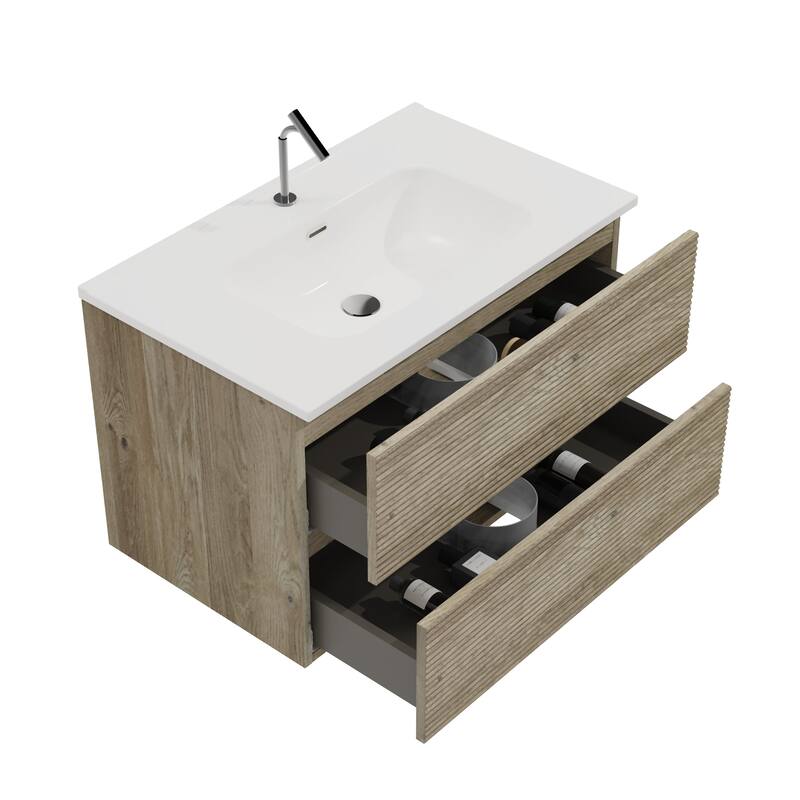 GDFStudio - Gloria Modern Wall-Mounted Floating Bathroom Vanity with Integrated Ceramic Basin & Soft-Close Drawers