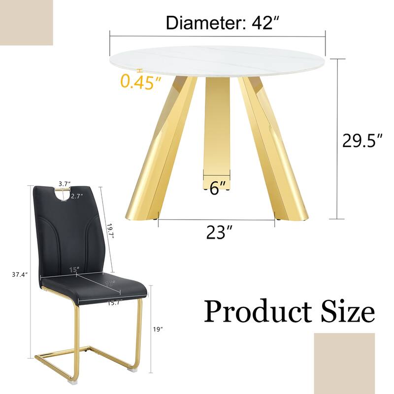 5-Piece Round Dining Table Set with Stain-Resistant Surface, PU Leather Chairs with C-shaped Bases, Scratch-resistant - Black White,Gold