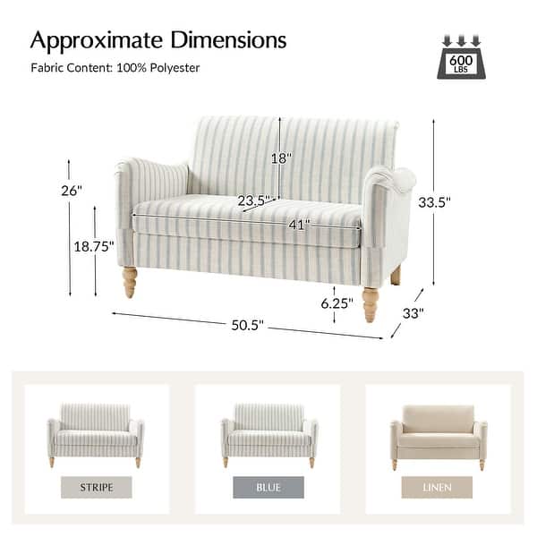HULALA HOME Adika 51"W Farmhouse Striped Linen Upholstered Loveseat with Solid Wood Spindle Legs - Blue