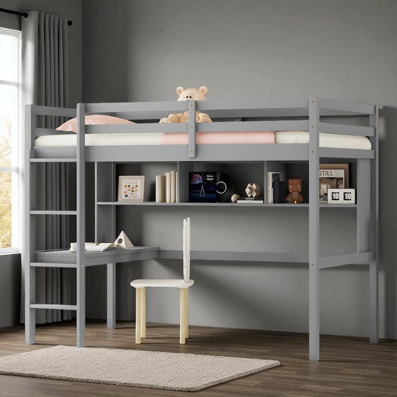 Twin Size Loft Bed with Desk and Shelves, Solid Pine Wood Frame with Guardrails and Built-in Ladder