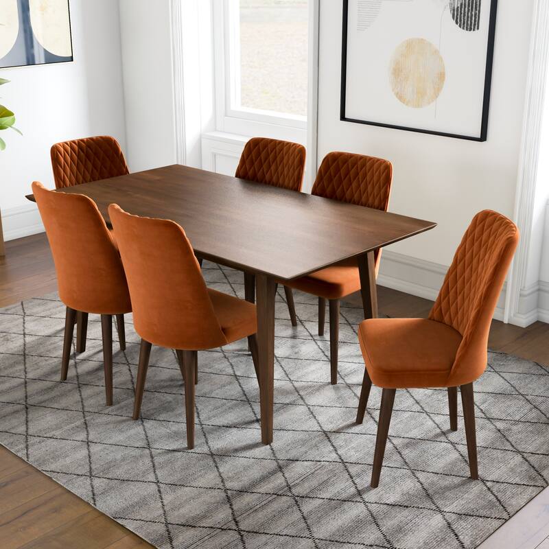 Artemsis 7-Piece Mid Century Dining Set w/6 Velvet Dining Chairs in Burnt Orange