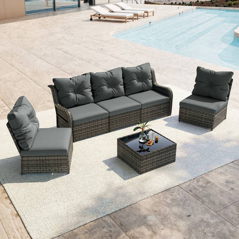 5-Person Outdoor Wicker Patio Conversation Sets with Table and Cushion