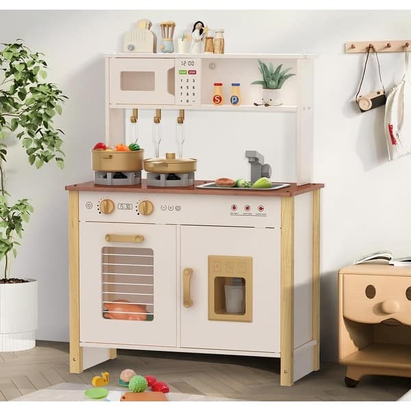 slide 2 of 7, White Kids Play Kitchen, Wooden Kitchen Playset for Kids Ages 3+, Toys Kitchen Small Pretend Play Kitchen for Toddlers