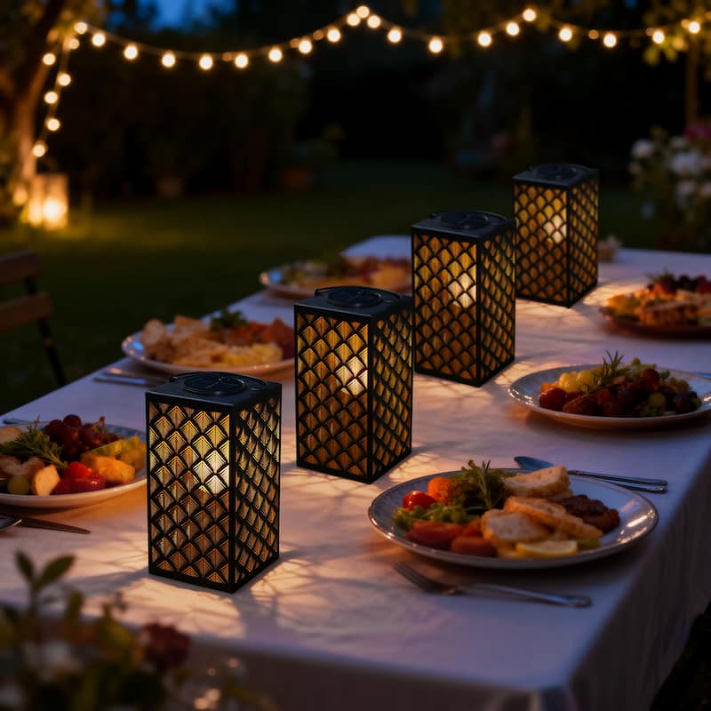 Set of 4 11"H Glass Pattern Oudoor Solar Powered Hanging Lanterns By Glitzhome