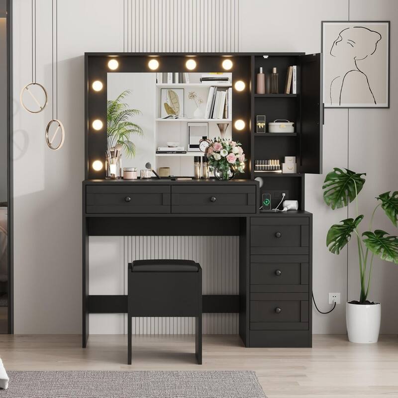 Lighted Makeup Vanity Desk with 10 LED Lights, 3 Colors, Charging Station & Stool