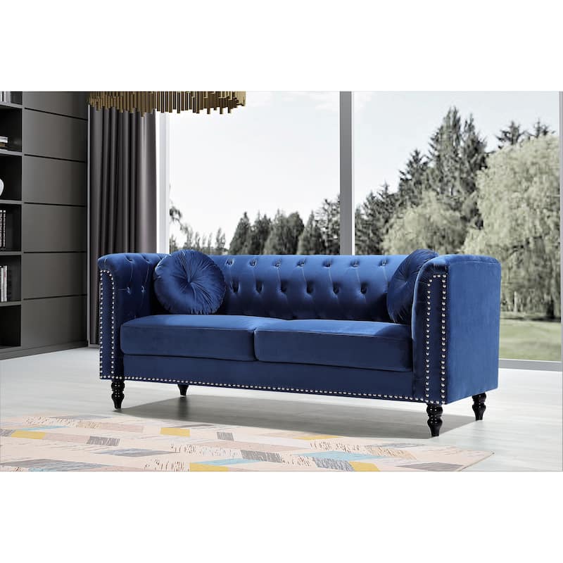 US Pride Vivian Classic Velvet Kittleson Nailhead Chesterfield Sofa - Dark Blue