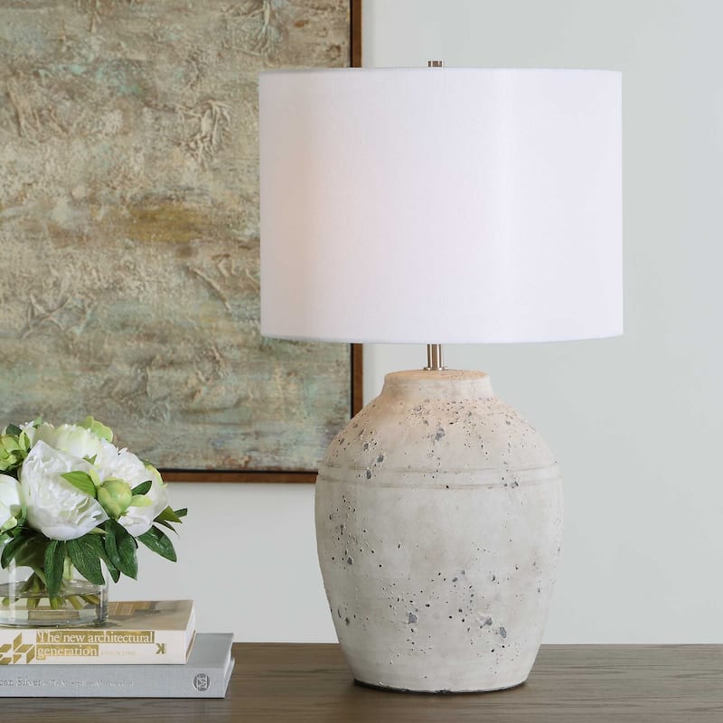 Porch & Den Distressed White Ceramic Nickel Linen Shade Vase Table Lamp