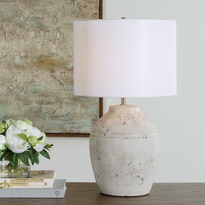 Porch & Den Distressed White Ceramic Nickel Linen Shade Vase Table Lamp