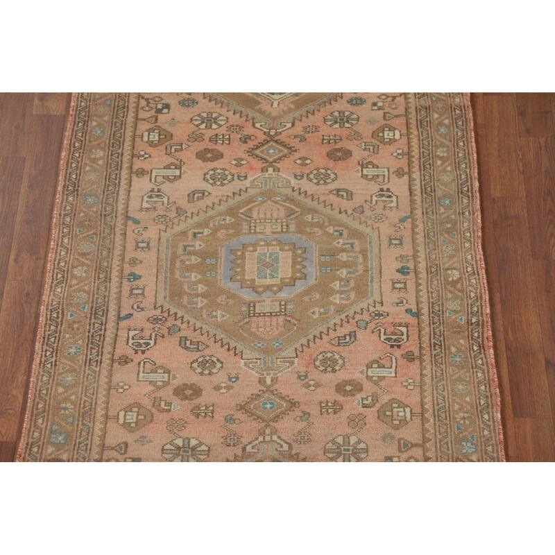 Geometric Hamedan Persian Vintage Runner Rug Handmade Wool Carpet - 3'5" x 9'3"
