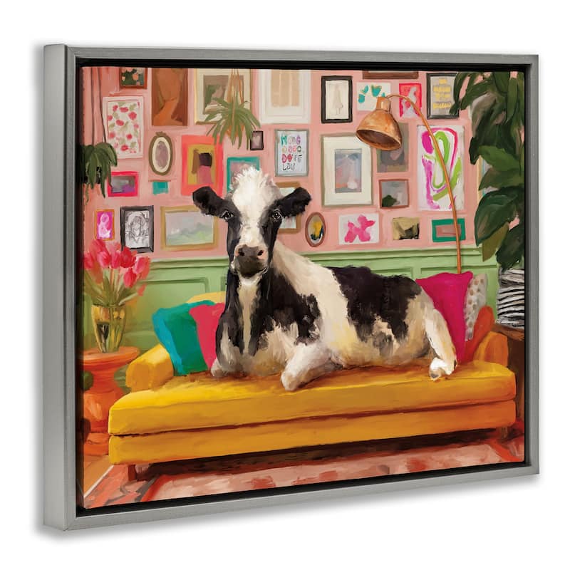 Stupell Cow in Whimsical Maximalist House Framed Floater Canvas Wall Art Design By Kamdon Kreations